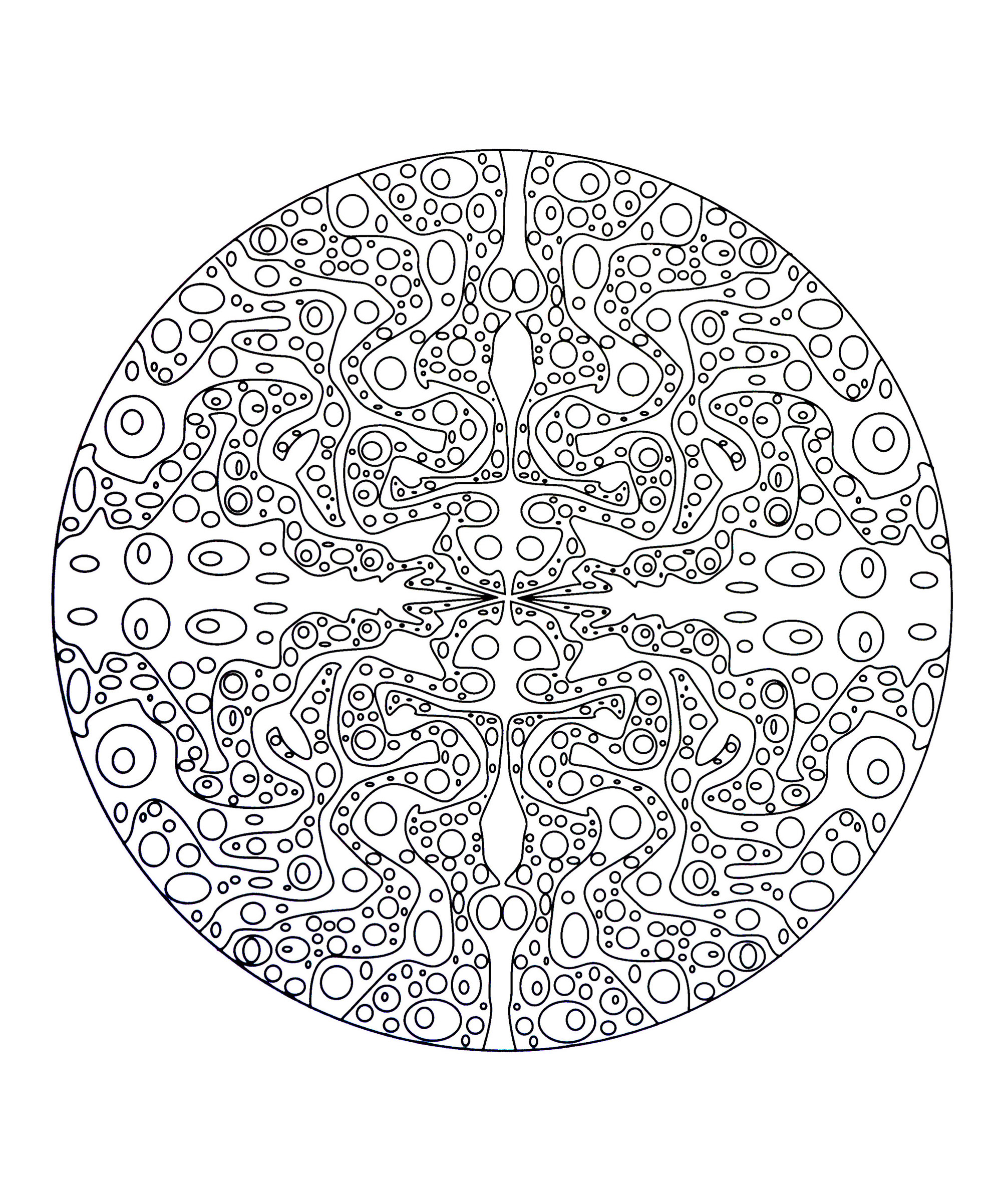 Magnifique mandala à colorier assez abstrait et symétrique où figure différentes formes rondes. Assez difficile à colorier.